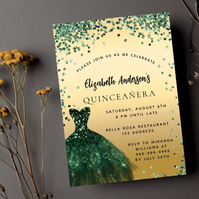 Quinceanera green gold dress elegant invitation (Creator Uploaded)
