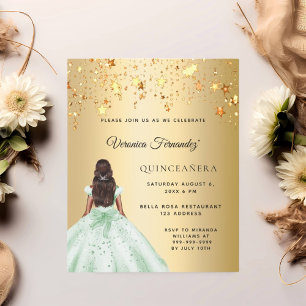 Quinceanera green gold dress stars invitation