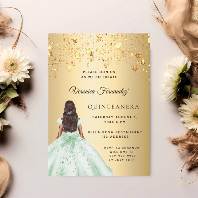 Quinceanera green gold dress stars invitation (Creator Uploaded)