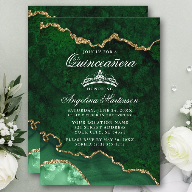Quinceanera Green Gold Marble Agate Geode Invitation (Customize to add text or photos to back of card.)