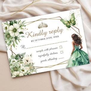 Quinceañera Green Gold Tiara Floral Butterfly Rsvp Card