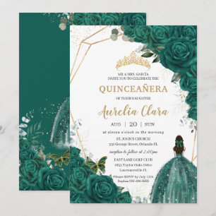 Quinceañera Green Roses Floral Gold Princess Crown Invitation