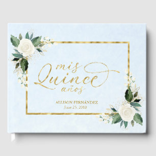 Quinceanera Guest Book Dusty Blue Gold Foil Floral
