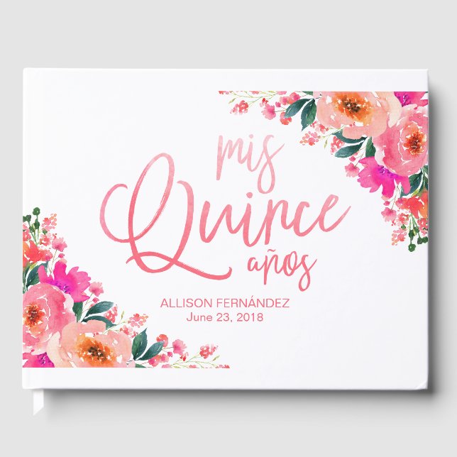 Quinceanera Guest Book Hot Pink  Floral (Front)
