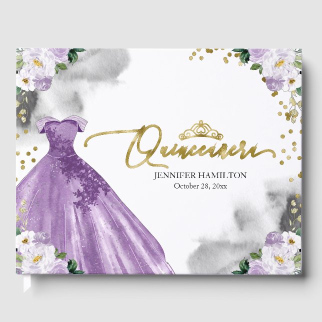 Quinceanera Guest Book Purple Dress Floral (Front)