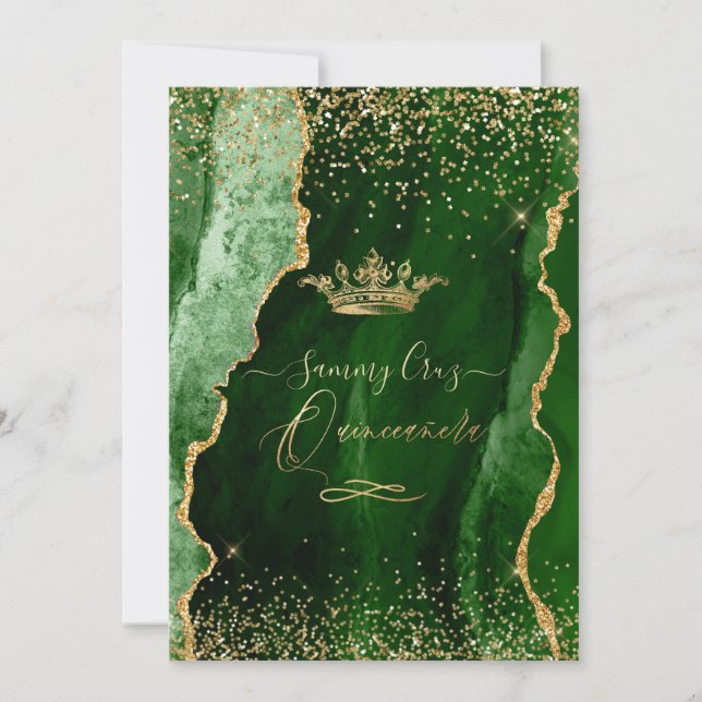 Quinceanera H2 Emerald Green Agate Faux Gold Dust Invitation (Front)