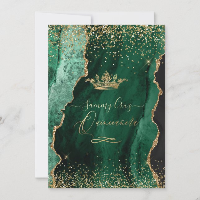 Quinceanera H2 Jade Green Agate Faux Gold Dust Invitation (Front)