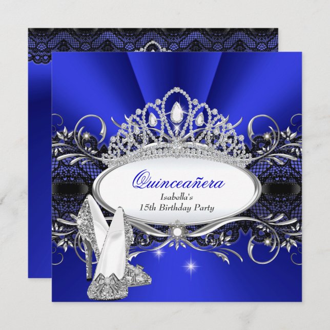 QUINCEANERA High Heels Royal Blue Diamond Tiara Invitation (Front/Back)