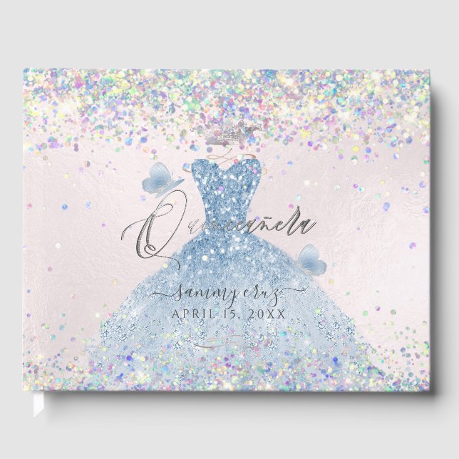 Quinceanera Holographic Confetti Dusty Blue Dress  Guest Book (Front)