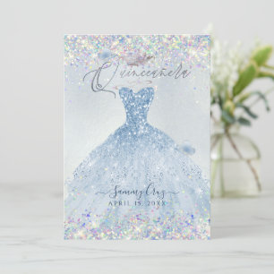 Quinceanera Holographic Confetti Dusty Blue Dress Invitation