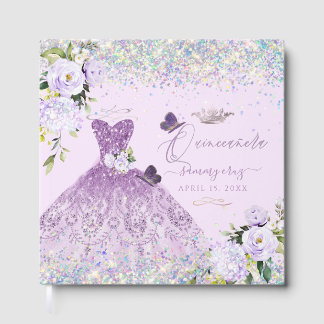 Quinceanera Holographic Confetti Dusty Purple Guest Book
