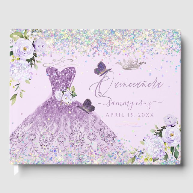 Quinceanera Holographic Confetti Dusty Purple Guest Book (Front)