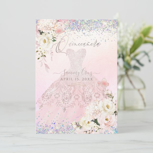 Quinceanera Holographic Dream Blush Pink Dress Invitation (Standing Front)