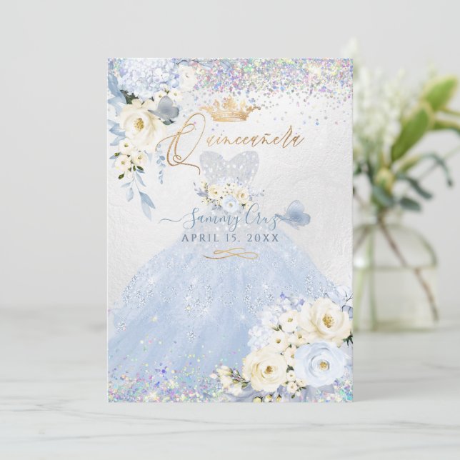 Quinceanera Holographic Dusty Blue Silver Dress Invitation (Standing Front)