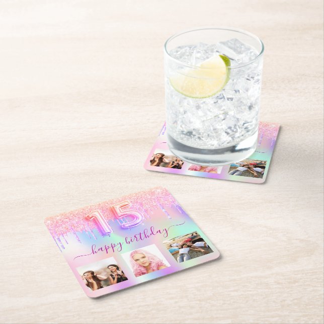 Quinceanera holographic pink photo glitter square paper coaster (Insitu)