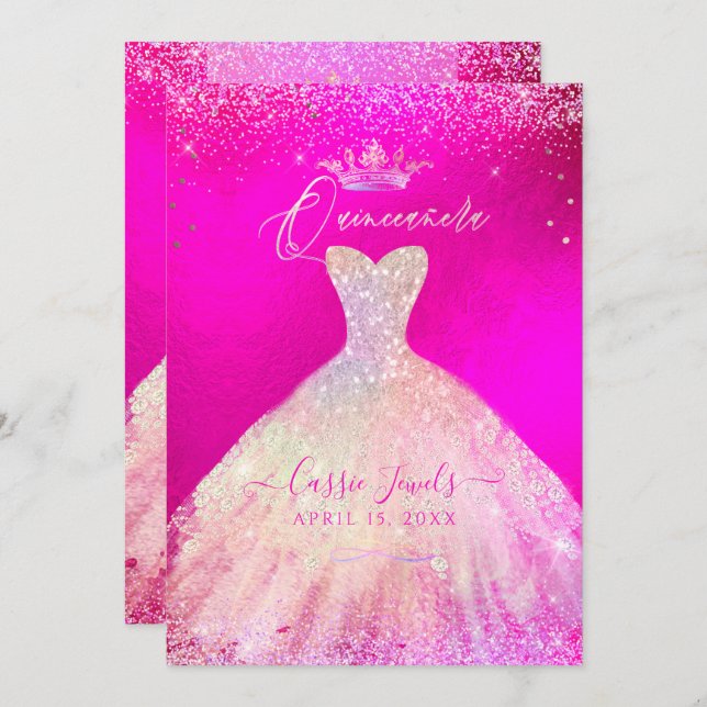 Quinceanera Hot Pink+Blush Sparkle Princess Dress Invitation (Front/Back)