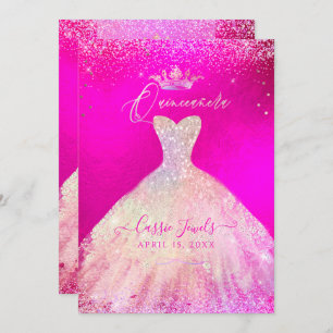 Quinceanera Hot Pink+Blush Sparkle Princess Dress Invitation