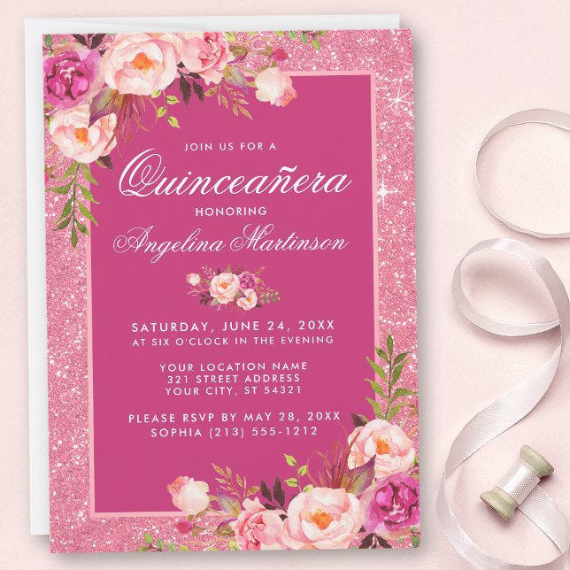 Quinceanera Hot Pink Floral Glitter Invitation (Customize to change text style or size.)