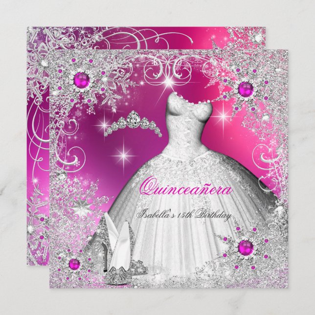 Quinceanera Hot Pink Pearl Silver Winter Snowflake Invitation (Front/Back)