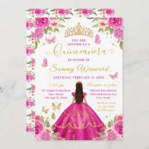 Quinceañera Hot Pink Princess Brunette Girl Invitation
