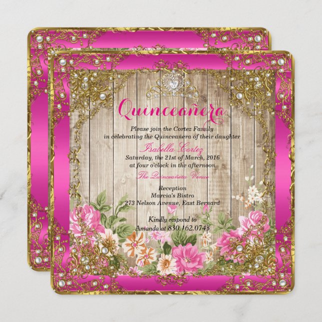 Quinceanera Hot Pink Rustic Wood Floral Gold Invitation (Front/Back)