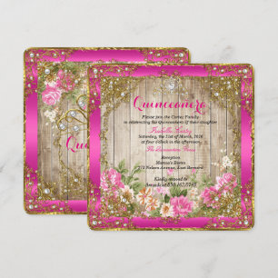 Quinceanera Hot Pink Rustic Wood Floral Gold Invitation