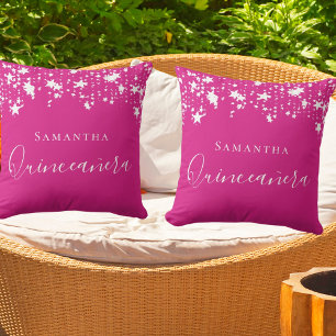 Quinceanera hot pink white stars name cushion