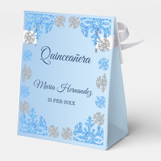 Quinceañera Ice Blue Silver Winter Snowflake Favour Box (Back Side)