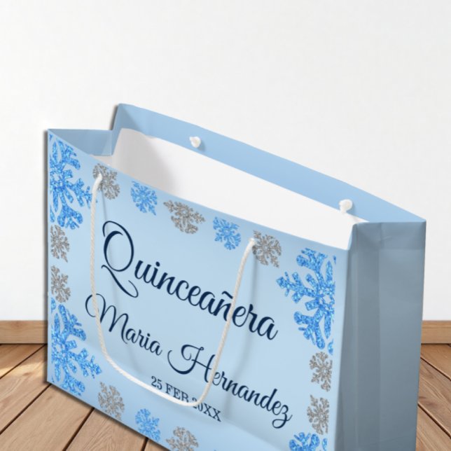 Quinceañera Ice Blue Silver Winter Snowflake Large Gift Bag (Creator Uploaded)