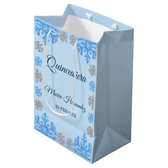 Quinceañera Ice Blue Silver Winter Snowflake Medium Gift Bag (Front Angled)