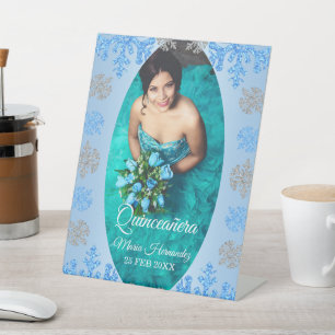 Quinceañera Ice Blue Silver Winter Snowflake Pedestal Sign