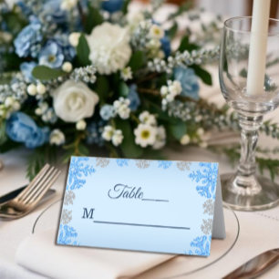 Quinceañera Ice Blue Silver Winter Snowflake Place Card