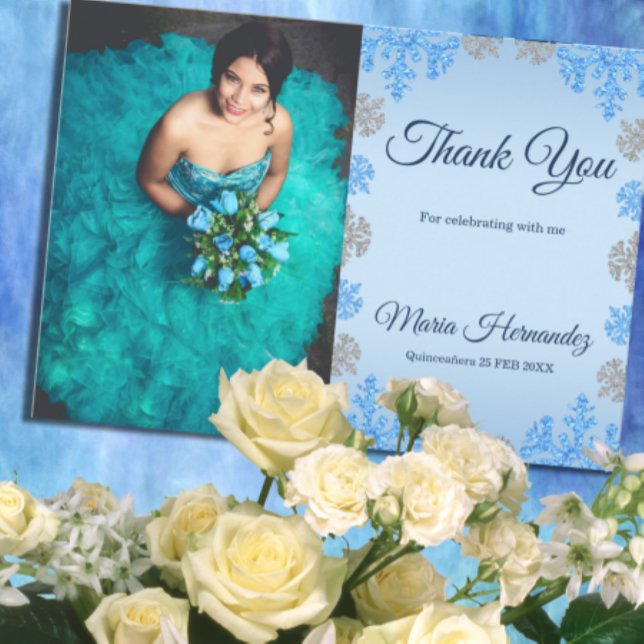 Quinceañera Ice Blue Silver Winter Snowflake Thank You Card (Creator Uploaded)