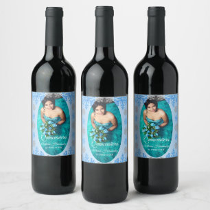 Quinceañera Ice Blue Silver Winter Snowflake Wine Label