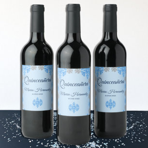 Quinceañera Ice Blue Silver Winter Snowflake Wine Label