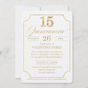 Quinceanera in Gold English Language with Photo Invitation