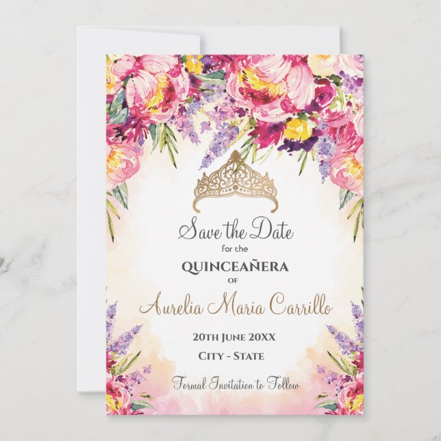 Quinceañera in watercolor flowers save the date (Front)