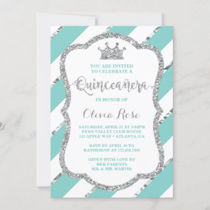 Quinceañera Invitation, Aqua, Silver, Crown Invitation