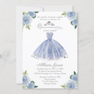 Quinceanera Invitation Bilingual Blue Blush Gown