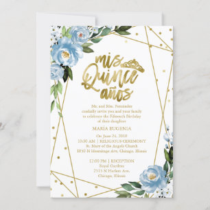 Quinceanera Invitation Bilingual Blue Gold Foil