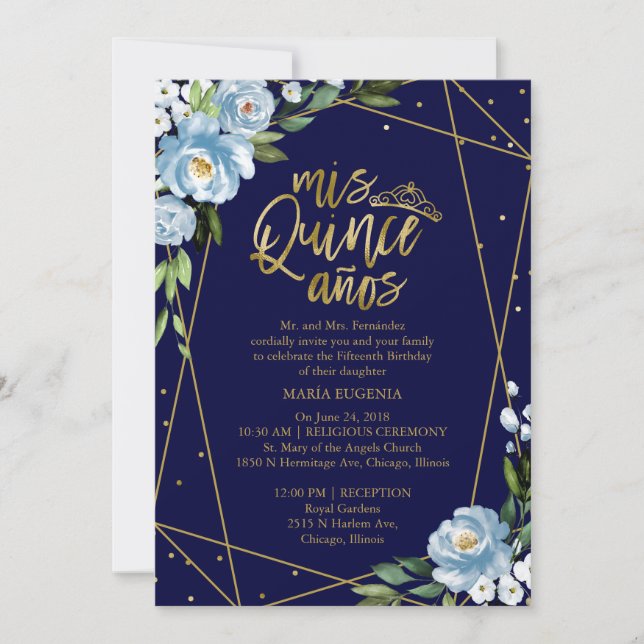 Quinceanera Invitation Bilingual Dark Blue (Front)