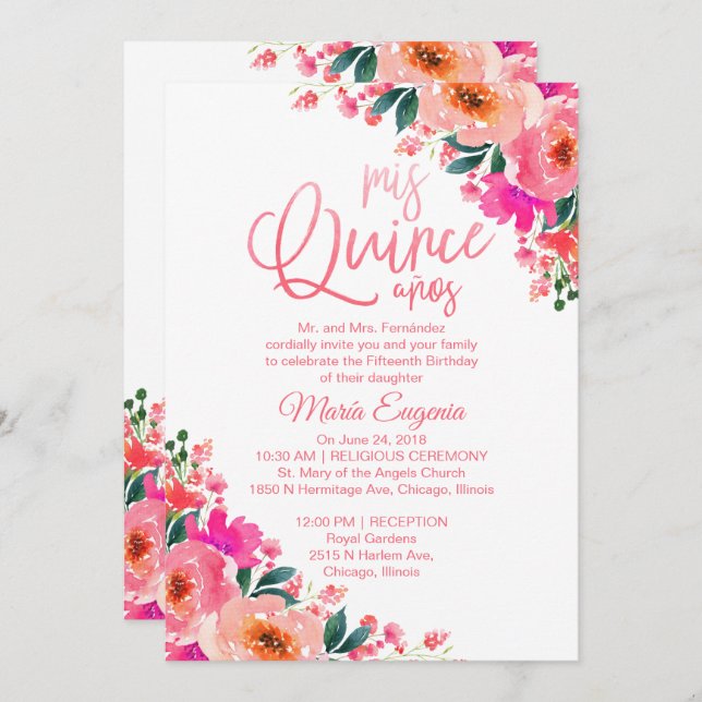 Quinceanera Invitation Bilingual Hot Pink Floral (Front/Back)