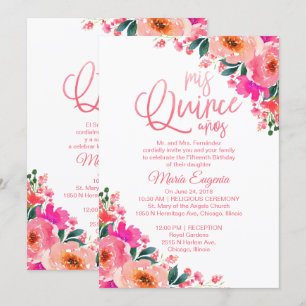 Quinceanera Invitation Bilingual Hot Pink Floral