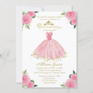 Quinceanera Invitation Bilingual Hot Pink Gown