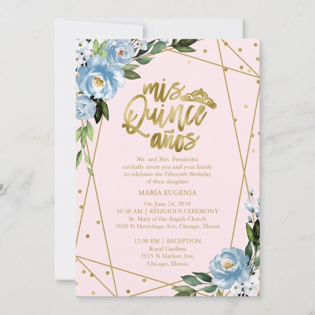 Quinceanera Invitation Bilingual Pink Blue (Front)
