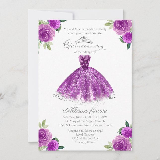 Quinceanera Invitation Bilingual Purple Blush Gown (Front)