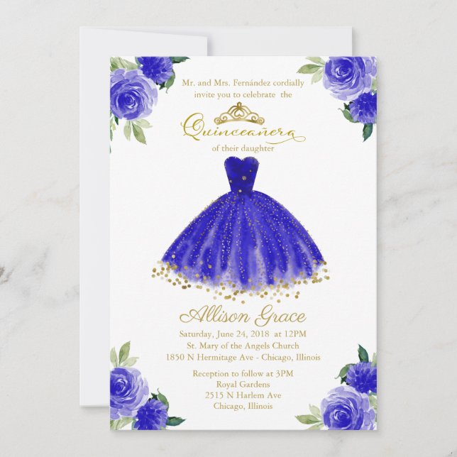 Quinceanera Invitation Bilingual Royal Blue Gown (Front)