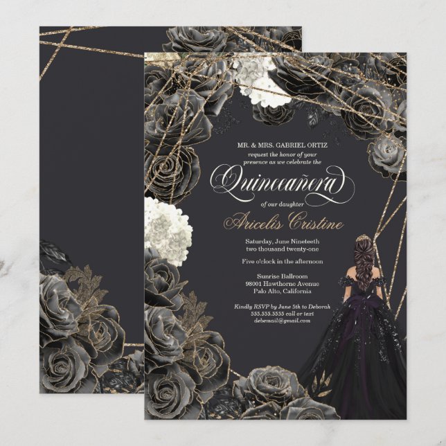 Quinceañera Invitation - Black & Gold Roses, Gown (Front/Back)