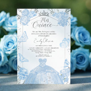 Quinceanera Invitation Dusty Blue Dress Butterfly