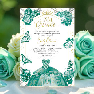 Quinceanera Invitation Emerald Green Dress Floral